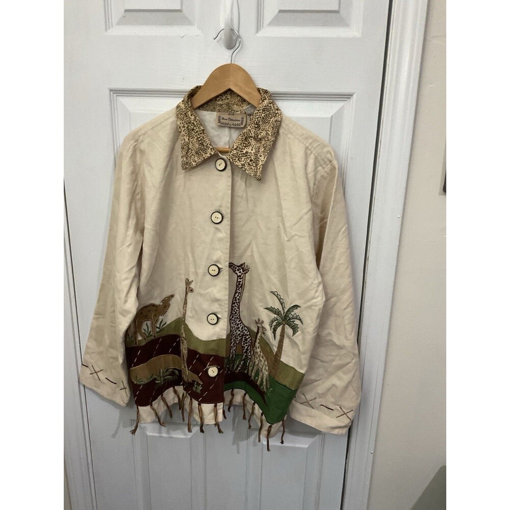 Safari Giraffe Appliqué Linen Jacket Boho Novelty Fringe Hem L